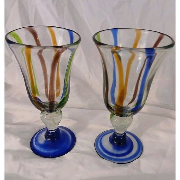 Set of 2 Mexican Art Glass Swirl Stripe Wine Water Goblet Hand Blown 8" Footed - Picture 2 of 7